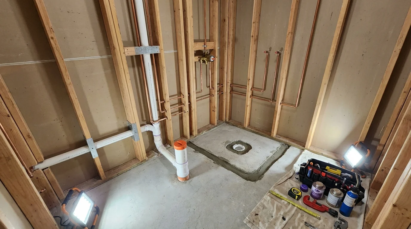 Bathroom rough-in plumbing during remodel by Johns Plumbing LLC in Woodstown