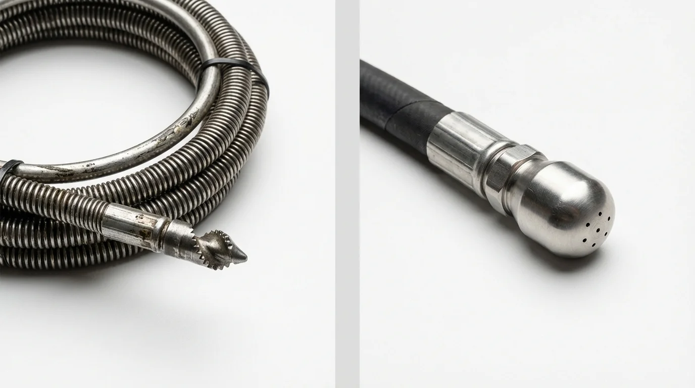 Drain snake cable and hydro jetting nozzle used for drain cleaning in Woodstown, NJ