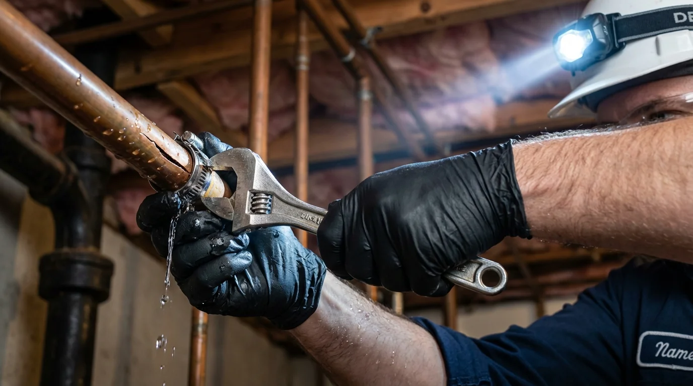 Emergency pipe clamp repair being performed by a Johns Plumbing LLC plumber in Woodstown