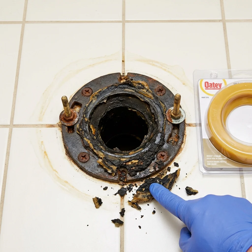 Failed wax ring showing water seepage at the base of a toilet in a Woodstown, NJ home