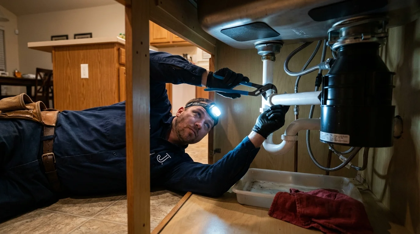 P-trap and supply line connections under a kitchen sink showing a common leak point in Woodstown, NJ